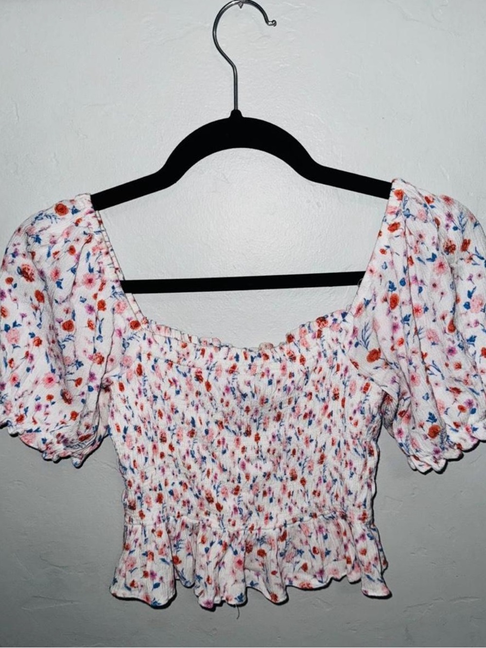 Forever 21 White Smocked Floral Crop Top with Pink & Blue Flowers